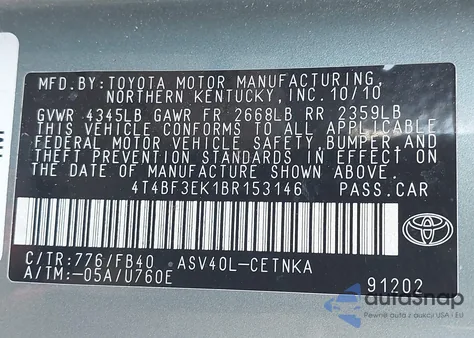 2011 Toyota Camry Le из США, поврежденный, VIN 4T4BF3EK1BR153146